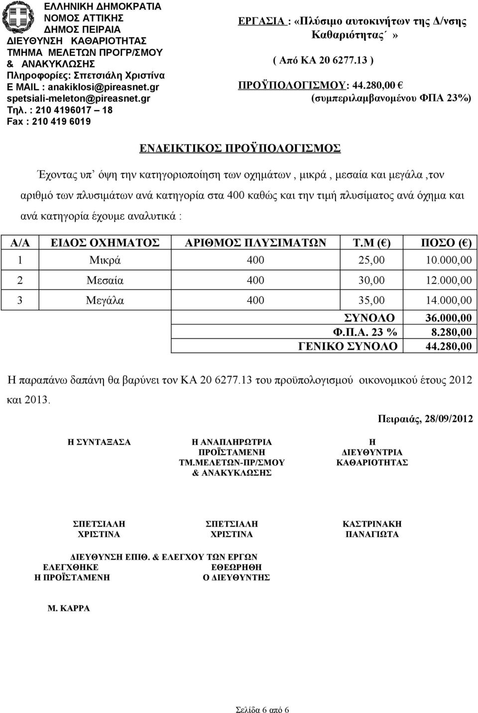 ΠΛΥΣΙΜΑΤΩΝ Τ.Μ ( ) ΠΟΣΟ ( ) 1 Μικρά 400 25,00 10.000,00 2 Μεσαία 400 30,00 12.000,00 3 Μεγάλα 400 35,00 14.000,00 ΣΥΝΟΛΟ 36.000,00 Φ.Π.Α. 23 % 8.280,00 ΓΕΝΙΚΟ ΣΥΝΟΛΟ 44.
