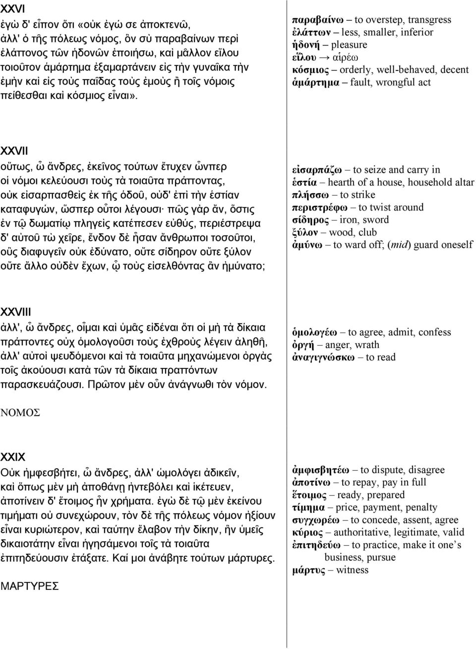 παραβαίνω to overstep, transgress ἐλάττων less, smaller, inferior ἡδονή pleasure εἵλου αἱρέω κόσμιος orderly, well-behaved, decent ἁμάρτημα fault, wrongful act XXVII οὕτως, ὦ ἄνδρες, ἐκεῖνος τούτων