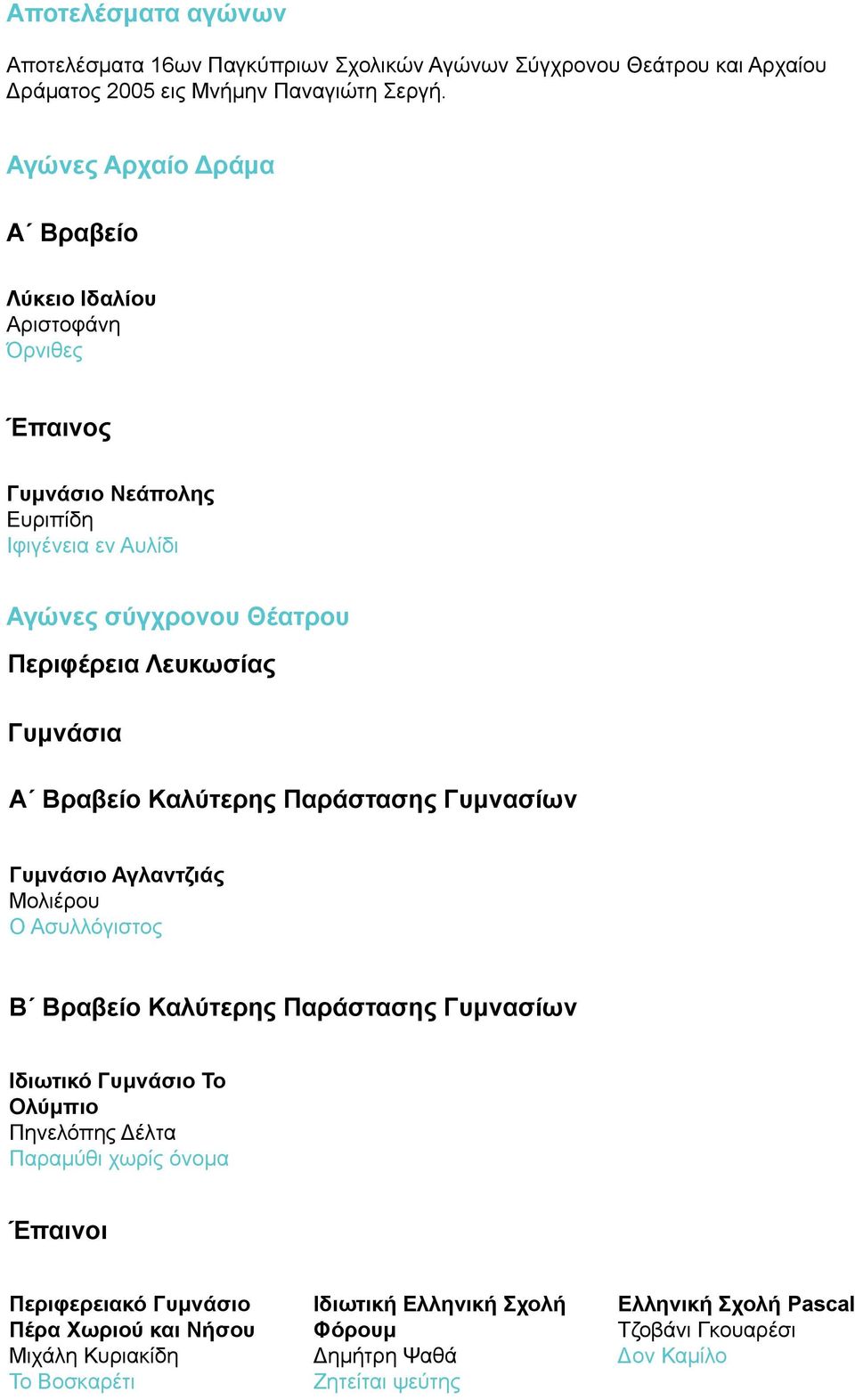 Γυμνάσια Α Βραβείο Καλύτερης Παράστασης Γυμνασίων Γυμνάσιο Αγλαντζιάς Ο Ασυλλόγιστος Β Βραβείο Καλύτερης Παράστασης Γυμνασίων Ιδιωτικό Γυμνάσιο Το Ολύμπιο Πηνελόπης