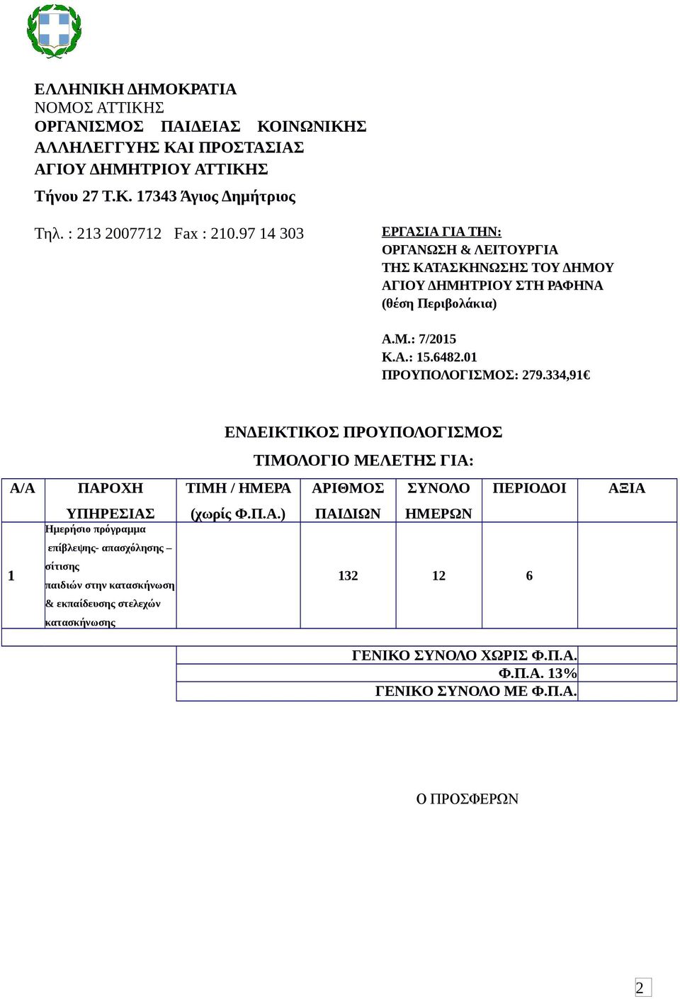 0 ΠΡΟΥΠΟΛΟΓΙΣΜΟΣ: 279.334,9 ΕΝΔΕΙΚΤΙΚΟΣ ΠΡΟΥΠΟΛΟΓΙΣΜΟΣ ΤΙΜΟΛΟΓΙΟ ΜΕΛΕΤΗΣ ΓΙΑ: