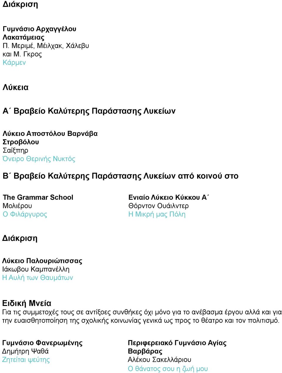 School Μολιέρου Ο Φιλάργυρος Ενιαίο Λύκειο Κύκκου Α Θόρντον Ουάιλντερ Η Μικρή μας Πόλη Διάκριση Λύκειο Παλουριώτισσας Ιάκωβου Καμπανέλλη Η Αυλή των Θαυμάτων Ειδική Μνεία