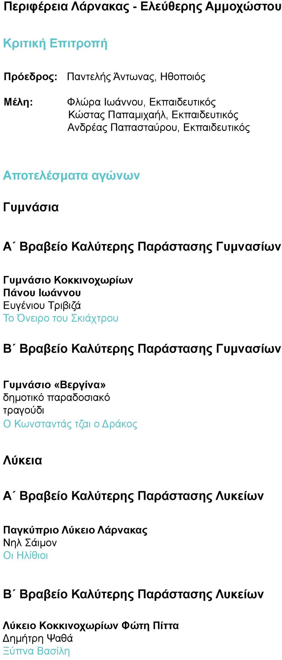 Τριβιζά Το Όνειρο του Σκιάχτρου Β Βραβείο Καλύτερης Παράστασης Γυμνασίων Γυμνάσιο «Βεργίνα» δημοτικό παραδοσιακό τραγούδι Ο Κωνσταντάς τζαι ο Δράκος