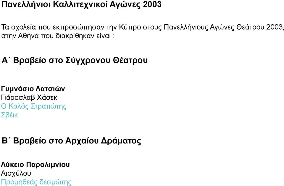 Α Βραβείο στο Σύγχρονου Θέατρου Γυμνάσιο Λατσιών Ο Καλός Στρατιώτης Σβέικ Β