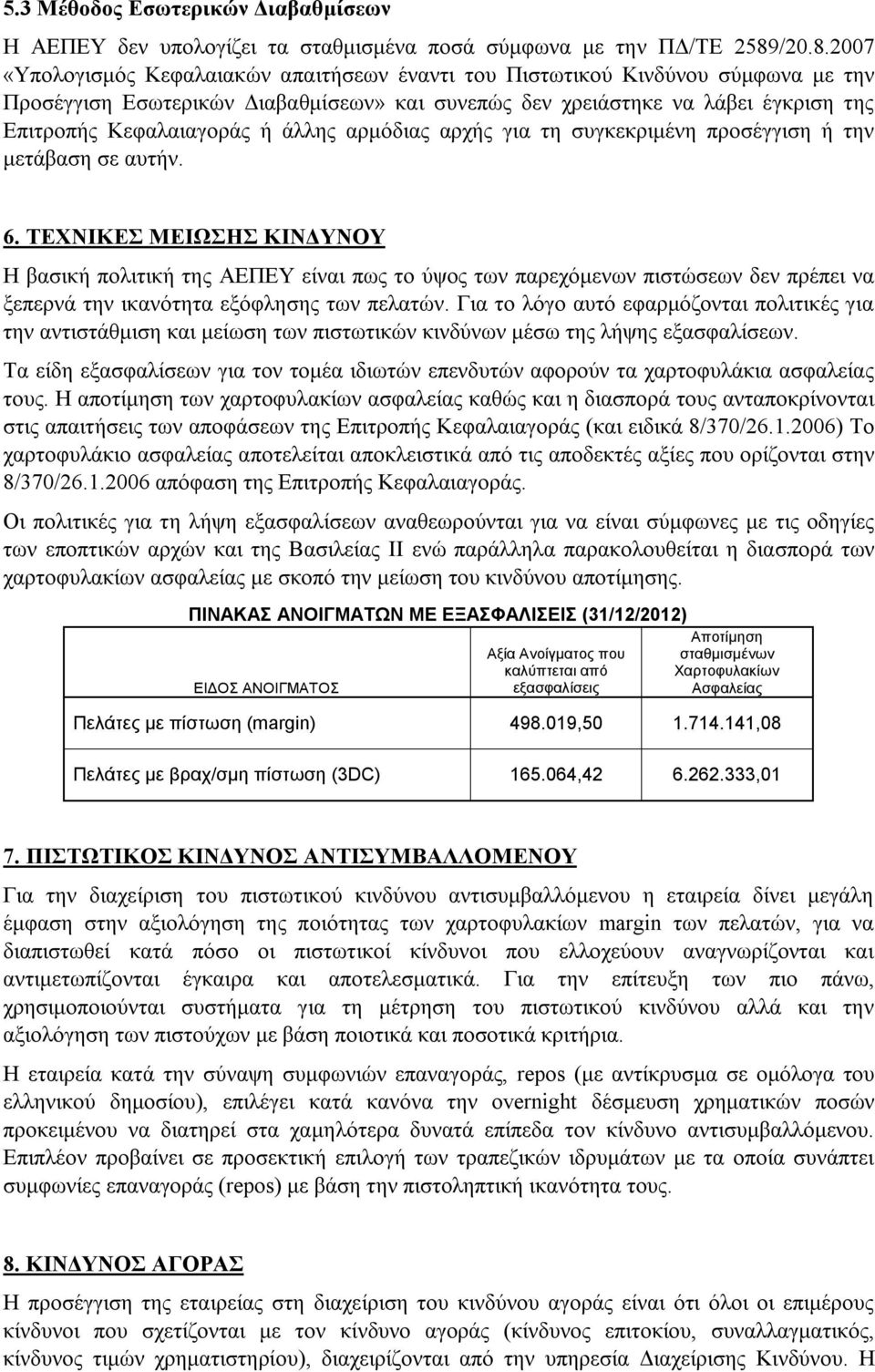 2007 «Υπολογισμός Κεφαλαιακών απαιτήσεων έναντι του Πιστωτικού Κινδύνου σύμφωνα με την Προσέγγιση Εσωτερικών Διαβαθμίσεων» και συνεπώς δεν χρειάστηκε να λάβει έγκριση της Επιτροπής Κεφαλαιαγοράς ή
