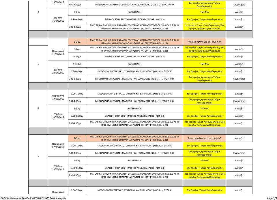 3) 3ος όροφος Τμήμα 5 9-13 am ΚΑΤΕΥΘΥΝΣΗ ΤΜΗΜΑ 23/04/2016 2.30-6.30μμ ΜΕΘΟΔΟΛΟΓΙΑ ΕΡΕΥΝΑΣ, ΣΤΑΤΙΣΤΙΚΗ ΚΑΙ ΕΦΑΡΜΟΓΕΣ (ΚΩΔ 1.1)- ΘΕΩΡΙΑ 3ος όροφος Τμήμα 13/05/2016 3.00-7.