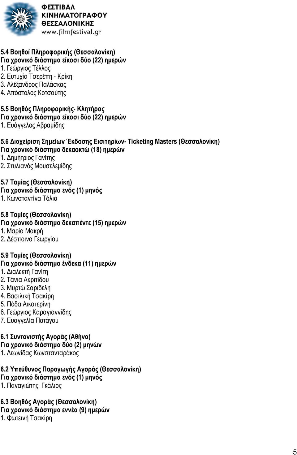 6 Διαχείριση Σημείων Έκδοσης Εισιτηρίων- Ticketing Masters (Θεσσαλονίκη) Για χρονικό διάστημα δεκαοκτώ (18) ημερών 1. Δημήτριος Γανίτης 2. Στυλιανός Μουσελεμίδης 5.7 Ταμίας (Θεσσαλονίκη) 1.