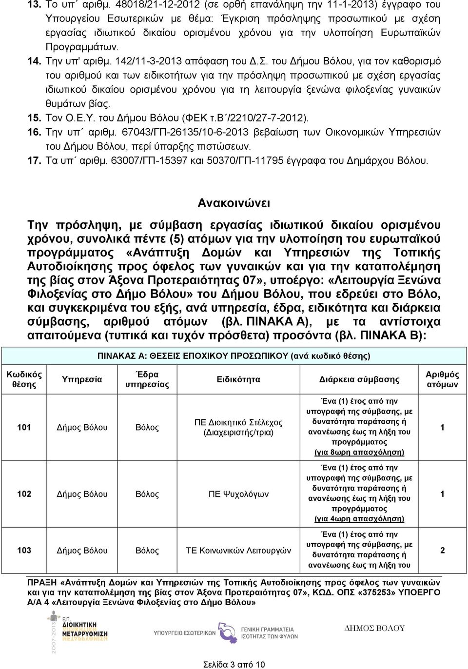 Ευρωπαϊκών Προγραμμάτων. 14. Την υπ' αριθμ. 142/11-3-2013 απόφαση του Δ.Σ.