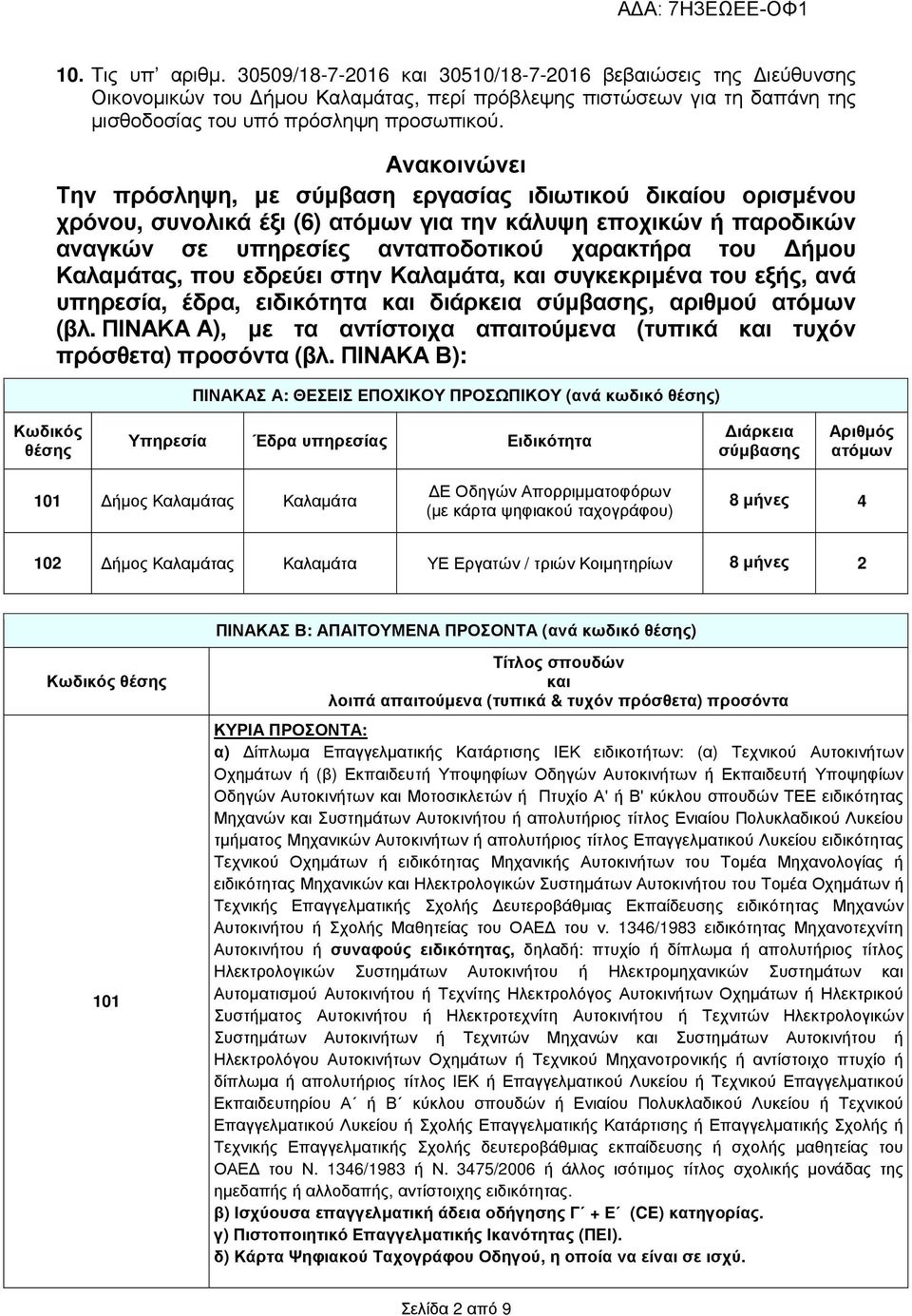 Καλαµάτας, που εδρεύει στην Καλαµάτα, και συγκεκριµένα του εξής, ανά υπηρεσία, έδρα, ειδικότητα και διάρκεια σύµβασης, αριθµού ατόµων (βλ.