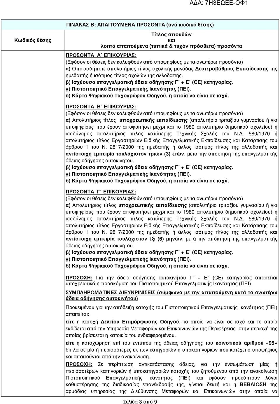 β) Ισχύουσα επαγγελµατική άδεια οδήγησης Γ + Ε (CE) κατηγορίας. γ) Πιστοποιητικό Επαγγελµατικής Ικανότητας (ΠΕΙ). δ) Κάρτα Ψηφιακού Ταχογράφου Οδηγού, η οποία να είναι σε ισχύ.