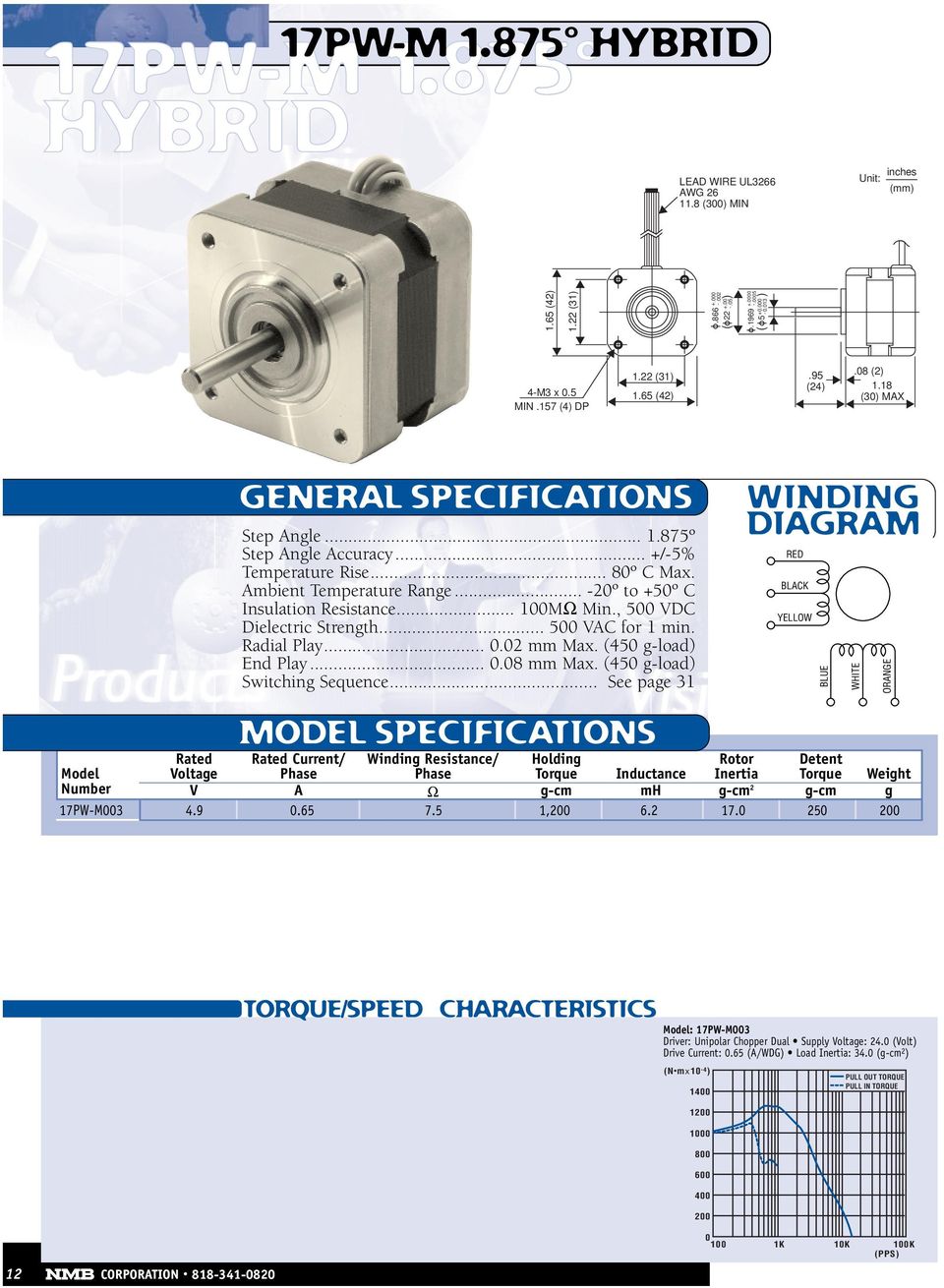 , 5 VDC Dielectric Strength... 5 VAC for 1 min. Radial Play....2 mm Max. (45 gload) End Play....8 mm Max. (45 gload) BLUE WHITE Number V A Ω gcm mh gcm 2 gcm g 17PWM3 4.9.65 7.5 1,2 6.