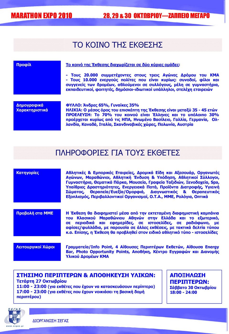 Δημογραφικά Χαρακτηριστικά ΦΥΛΛΟ: Άνδρες 65%, Γυναίκες 35% ΗΛΙΚΙΑ: Ο μέσος όρος του επισκέπτη της Έκθεσης είναι μεταξύ 35-45 ετών ΠΡΟΕΛΕΥΣΗ: Το 70% του κοινού είναι Έλληνες και το υπόλοιπο 30%