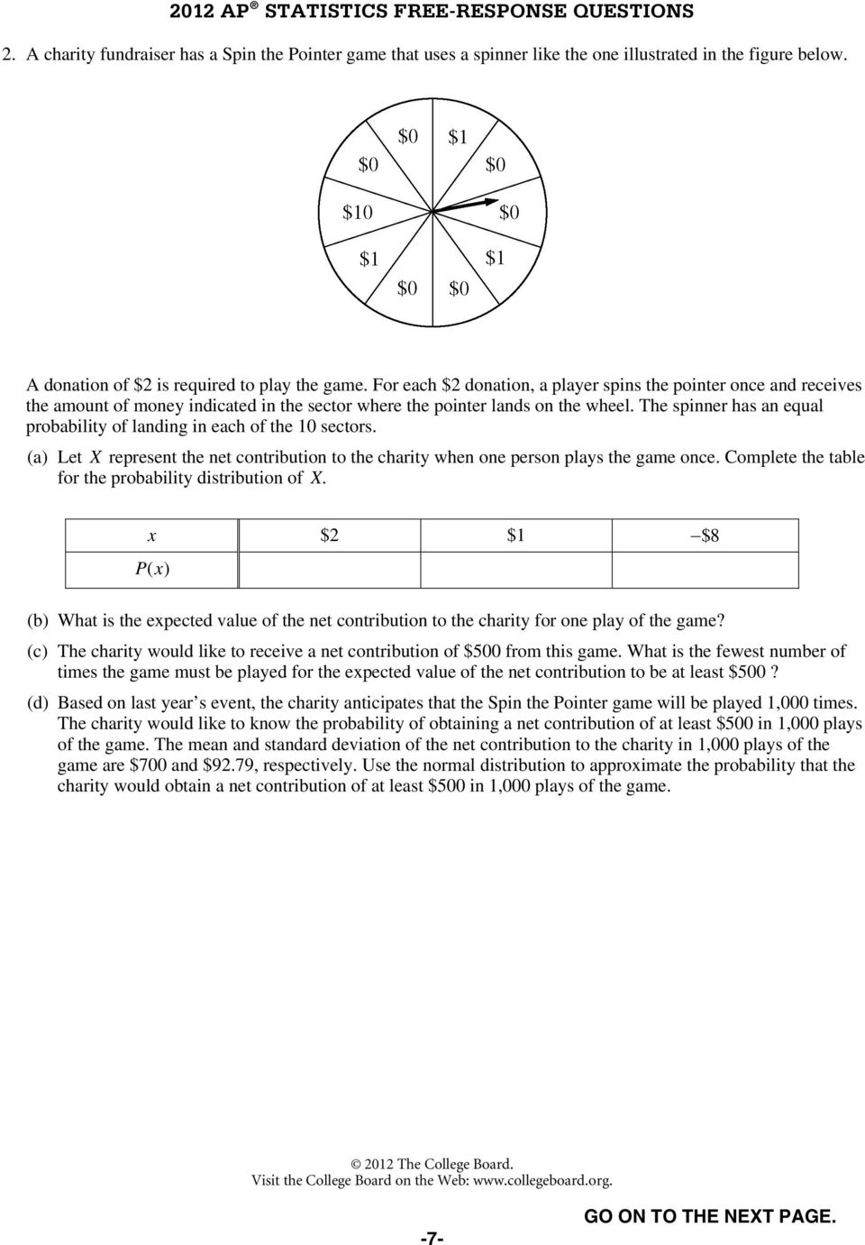 The spinner has an equal probability of landing in each of the 10 sectors. (a) Let X represent the net contribution to the charity when one person plays the game once.