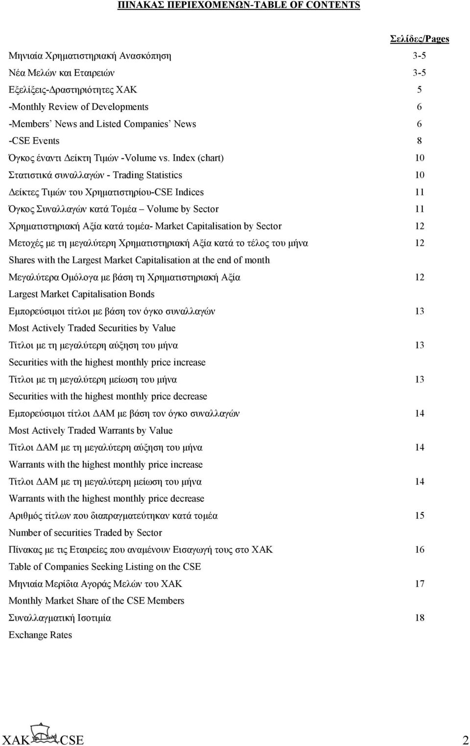 Index (chart) 10 Στατιστικά συναλλαγών - Trading Statistics 10 είκτες Τιµών του Χρηµατιστηρίου-CSE Indices 11 Όγκος Συναλλαγών κατά Τοµέα Volume by Sector 11 Χρηµατιστηριακή Αξία κατά τοµέα- Market