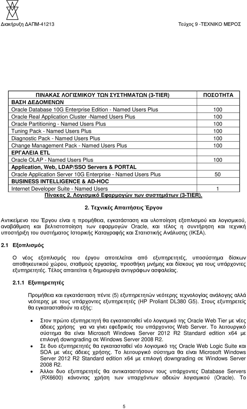 100 Application, Web, LDAP/SSO Servers & PORTAL Oracle Application Server 10G Enterprise - Named Users Plus 50 BUSINESS INTELLIGENCE & AD-HOC Internet Developer Suite - Named Users 1 Πίνακας 2.
