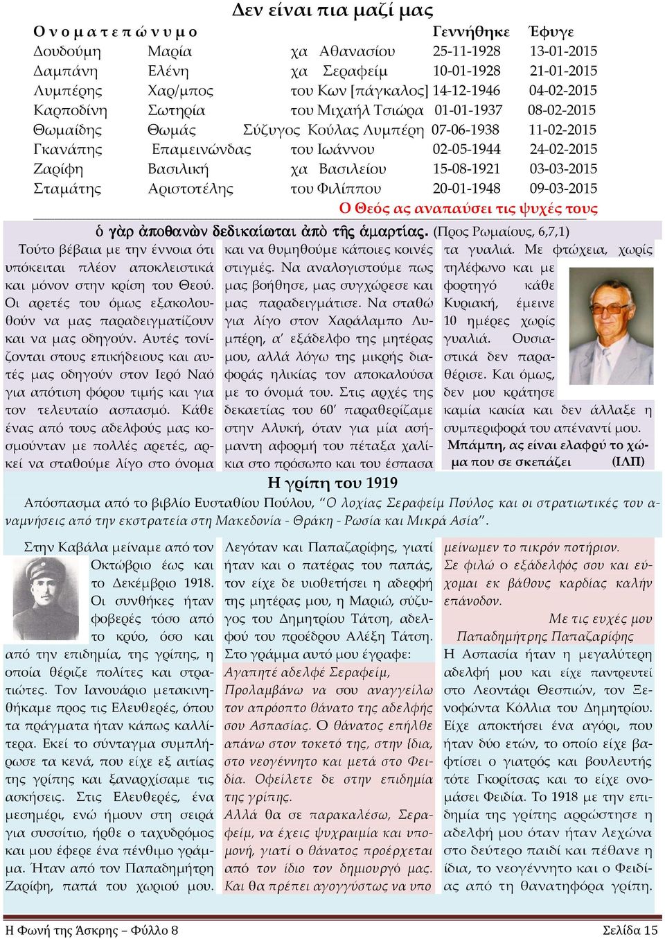 Ζαρίφη Βασιλική χα Βασιλείου 15-08-1921 03-03-2015 Σταμάτης Αριστοτέλης του Φιλίππου 20-01-1948 09-03-2015 Ο Θεός ας αναπαύσει τις ψυχές τους Ð g r poqanën dedika wtai põ táj mart aj.