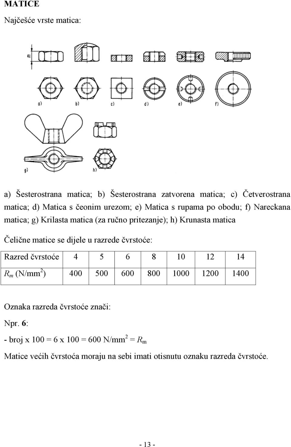 se dijele u razrede čvrstoće: Razred čvrstoće 4 5 6 8 10 12 14 R m (N/mm 2 ) 400 500 600 800 1000 1200 1400 Oznaka razreda čvrstoće