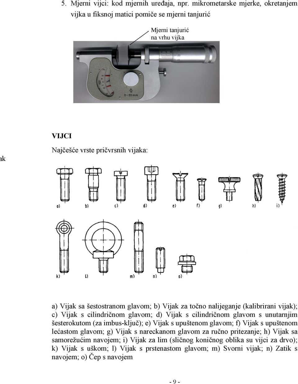 šestostranom glavom; b) Vijak za točno nalijeganje (kalibrirani vijak); c) Vijak s cilindričnom glavom; d) Vijak s cilindričnom glavom s unutarnjim šesterokutom (za