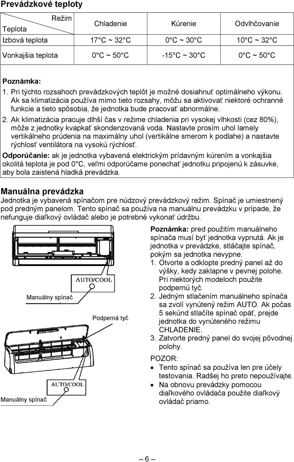 Ak sa klimatizácia používa mimo tieto rozsahy, môžu sa aktivovať niektoré ochranné funkcie a tieto spôsobia, že jednotka bude pracovať abnormálne. 2.