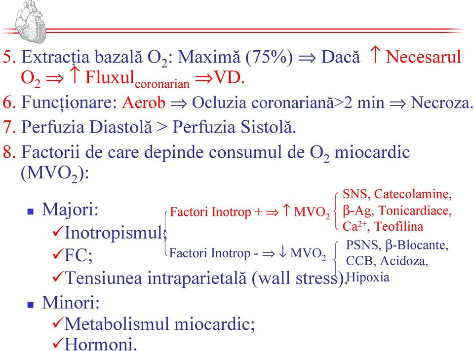 Factorii de care depinde consumul de O 2 miocardic (MVO 2 ): Majori: Factori Inotrop + MVO 2 Inotropismul; FC; Factori
