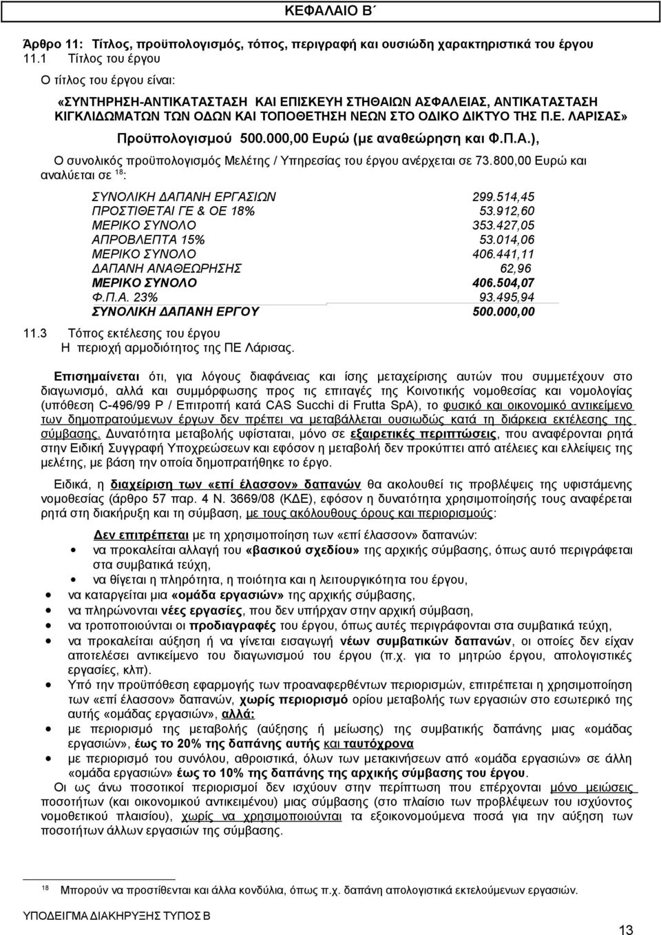 000,00 Ευρώ (με αναθεώρηση και Φ.Π.Α.), Ο συνολικός προϋπολογισμός Μελέτης / Υπηρεσίας του έργου ανέρχεται σε 73.800,00 Ευρώ και αναλύεται σε 18 : ΣΥΝΟΛΙΚΗ ΔΑΠΑΝΗ ΕΡΓΑΣΙΩΝ 299.