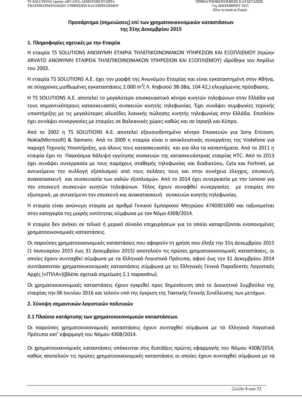 ιδρύθηκε τον Απρίλιο του 2002. Η εταιρία TS SOLUTIONS A.E. έχει την μορφή της Ανωνύμου Εταιρίας και είναι εγκαταστημένη στην Αθήνα, σε σύγχρονες μισθωμένες εγκαταστάσεις 2.000 m 2 ( Λ.