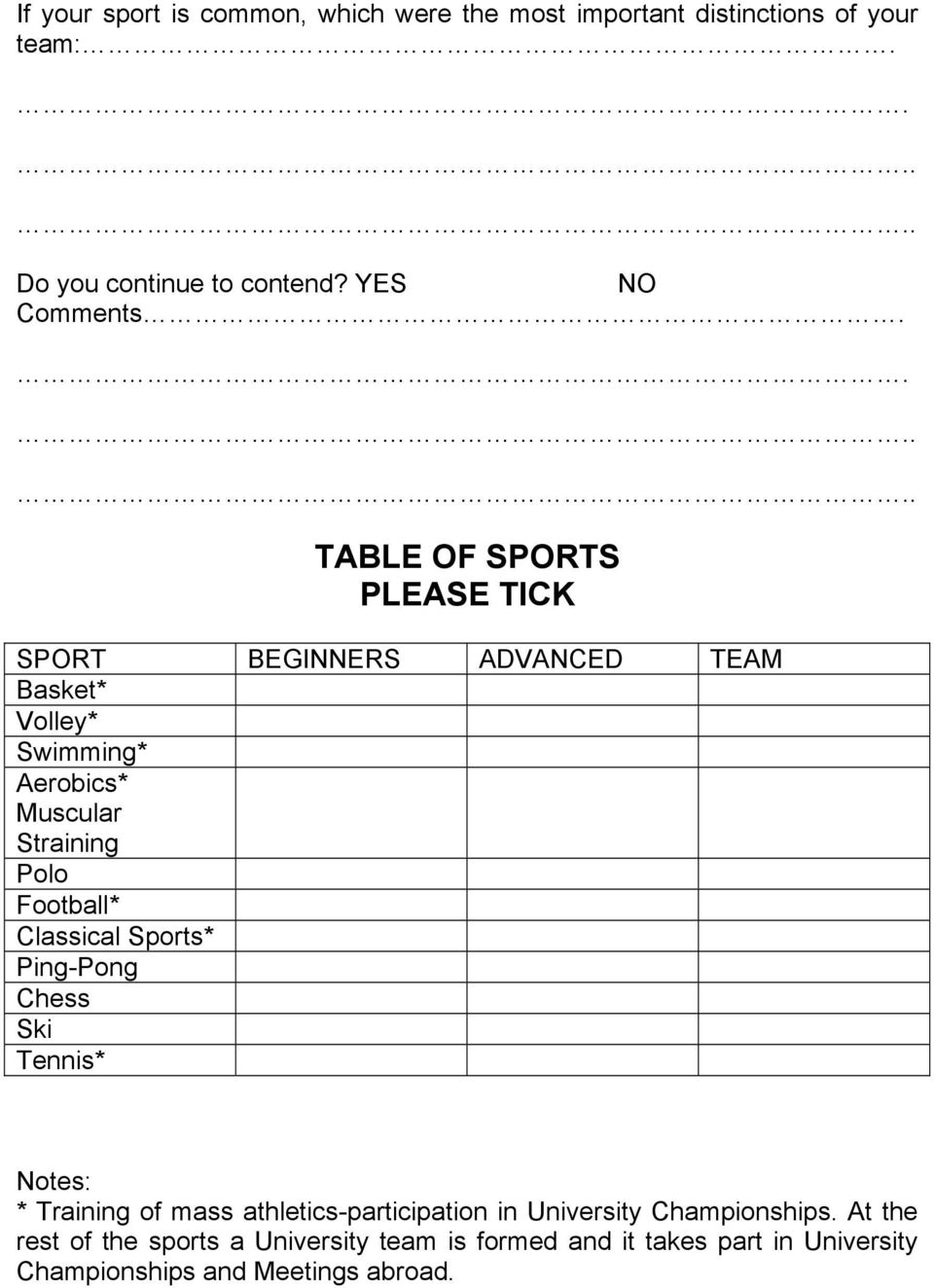 . TABLE OF SPORTS PLEASE TICK SPORT BEGINNERS ADVANCED TEAM Basket* Volley* Swimming* Aerobics* Muscular Straining Polo