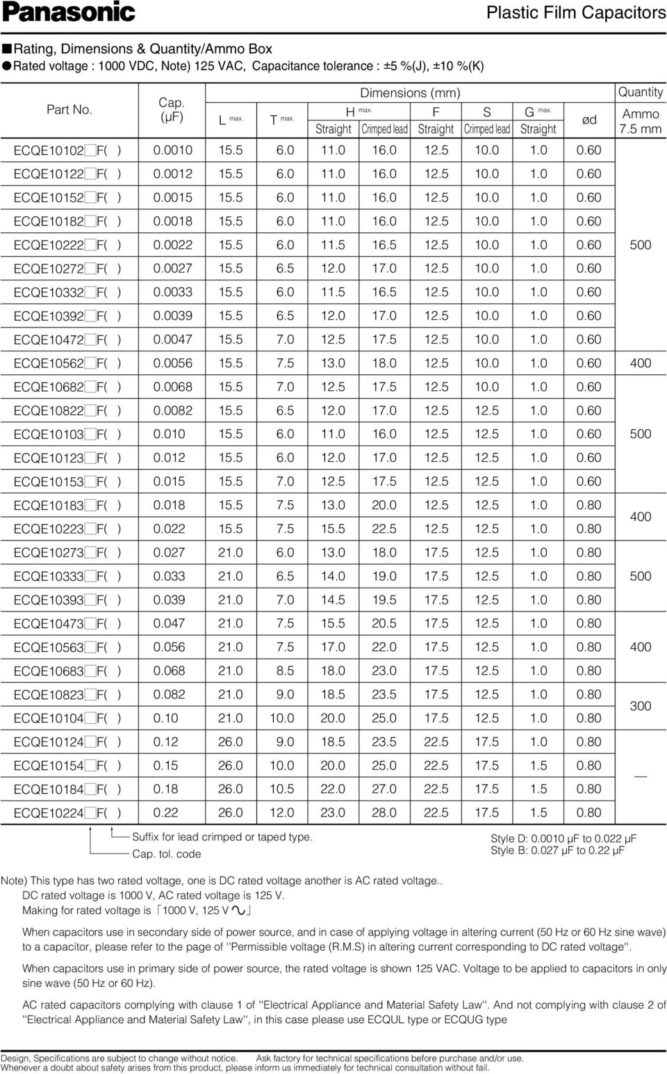 ECQE10393MF( ) ECQE10473MF( ) ECQE10563MF( ) ECQE10683MF( ) ECQE10823MF( ) ECQE10104MF( ) ECQE10124MF( ) ECQE10154MF( ) ECQE10184MF( ) ECQE10224MF( ) L max. T max. H max.