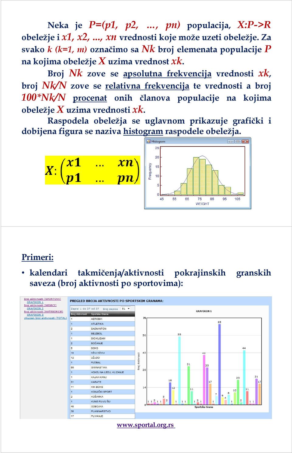 Broj Nk zove se apsolutna frekvencija vrednosti xk, broj Nk/N zove se relativna frekvencija te vrednosti a broj 100*Nk/N procenat onih članova populacije na