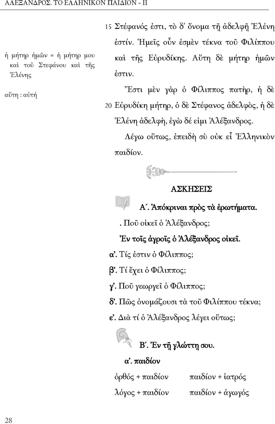 Ἔστι μὲν γὰρ ὁ Φίλιππος πατὴρ, ἡ δὲ Eὐρυδίκη μήτηρ, ὁ δὲ Ʃτέφανος ἀδελφὸς, ἡ δὲ Ἑλένη ἀδελφὴ, ἐγὼ δέ εἰμι Ἀλέξανδρος. Λέγω οὕτως, ἐπειδὴ σὺ οὐκ εἶ Ἑλληνικὸν παιδίον. ΑƩKHƩEIƩ Α.