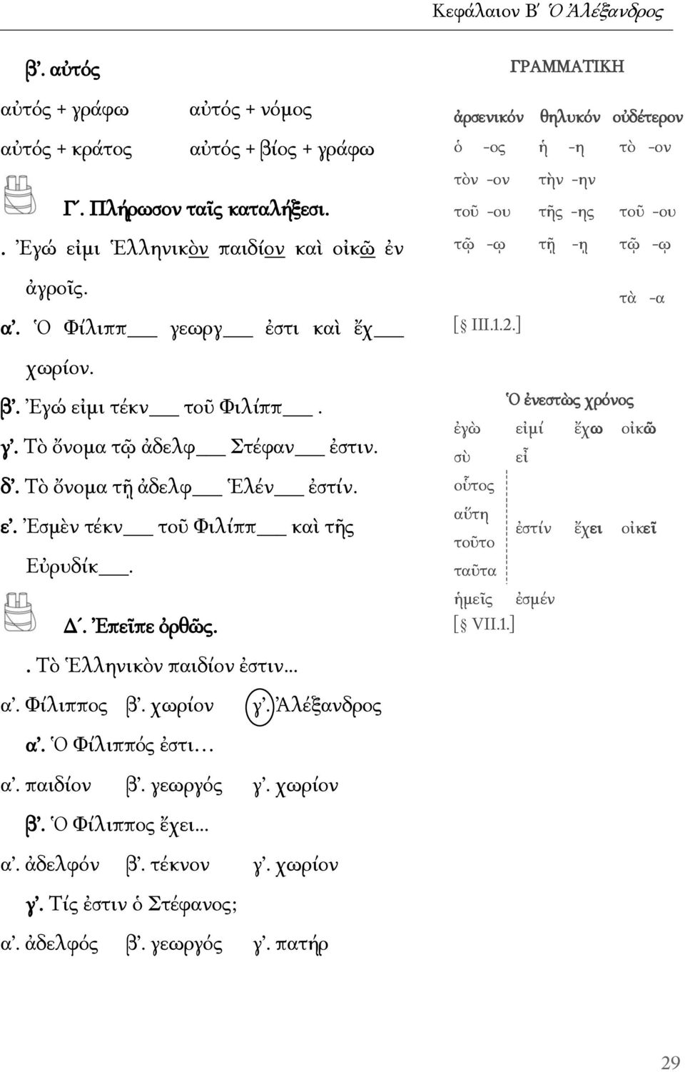 Ὁ Φίλιππ γεωργ ἐστι καὶ ἔχ χωρίον. [ III.1.2.] τὰ -α β. Ἐγώ εἰμι τέκν τοῦ Φιλίππ. γ. Tὸ ὄνομα τῷ ἀδελφ Ʃτέφαν ἐστιν. δ. Tὸ ὄνομα τῇ ἀδελφ Ἑλέν ἐστίν. ε. Ἐσμὲν τέκν τοῦ Φιλίππ καὶ τῆς Eὐρυδίκ.