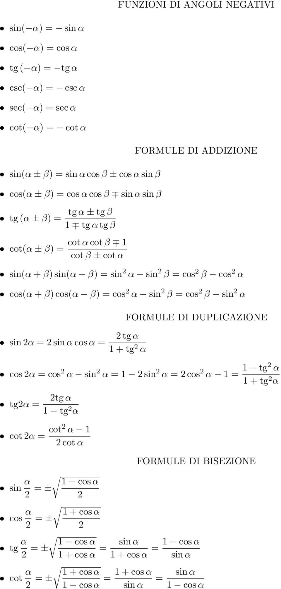 cos(α β) cos(α β) = cos α sin β = cos β sin α sin α = sin α cos α = FORMULE DI DUPLICAZIONE tg α tg α cos α = cos α sin α = sin α = cos α = tg α tg α tgα = tg α tg α