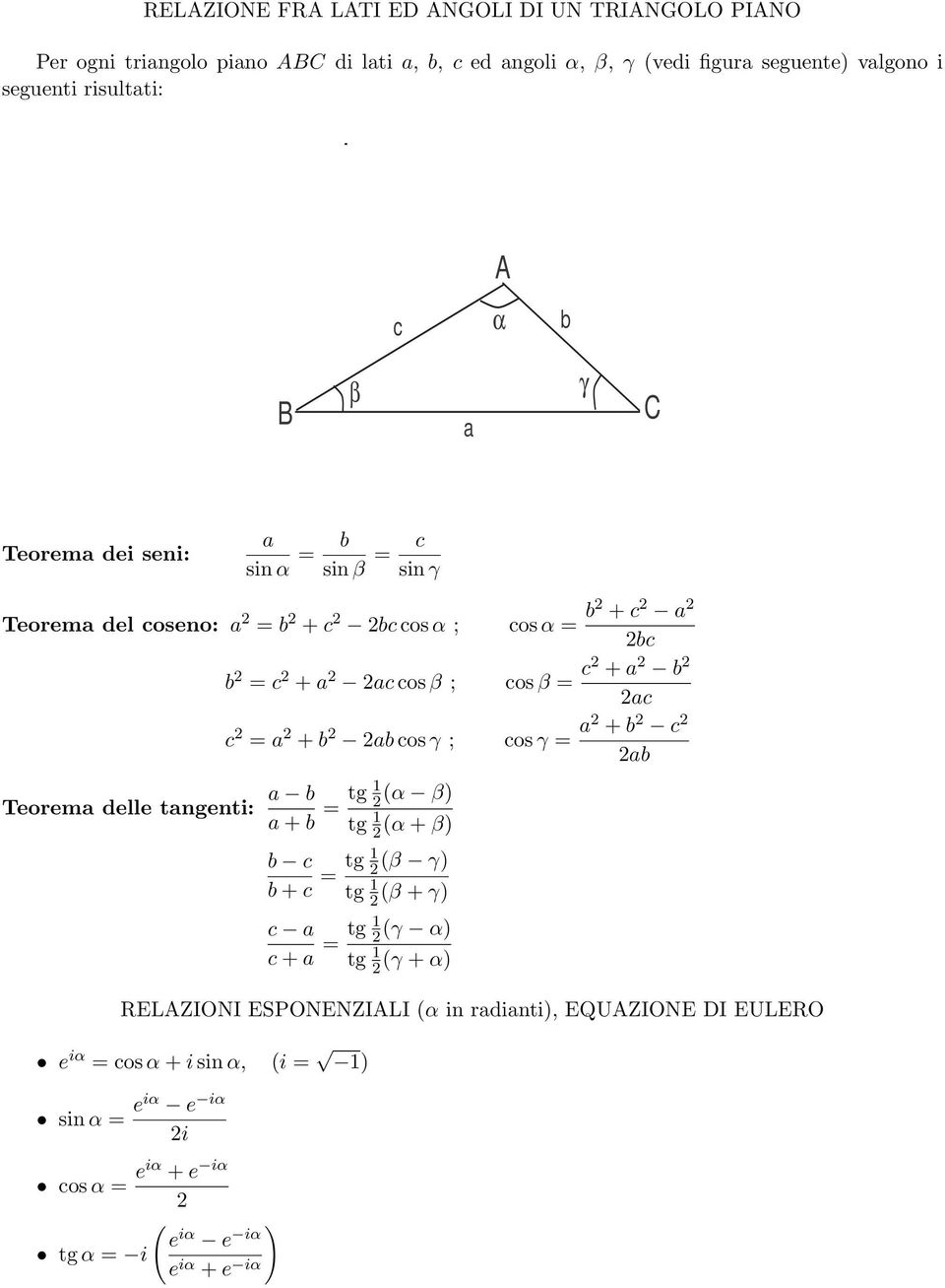 = c a b ac c = a b ab cos γ ; cos γ = a b c Teorema delle tangenti: a b a b = tg (α β) (α β) tg b c b c = tg (β γ) (β γ) tg c a c a = tg (γ α) (γ α) tg