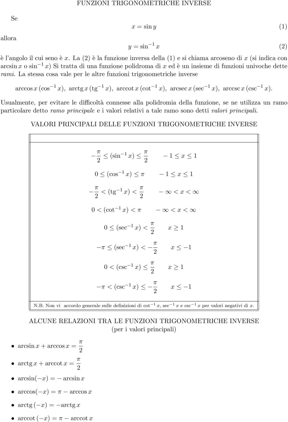 La stessa cosa vale per le altre fnzioni trigonometriche inverse arccos (cos ), arctg (tg ), arccot (cot ), arcsec (sec ), arccsc (csc ).