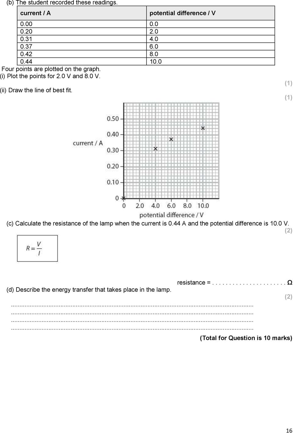 potential difference / V (c) Calculate the resistance of the lamp when the current is 0.