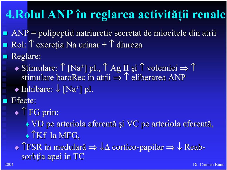 , Ag II şi volemiei stimulare barorec în n atrii eliberarea ANP Inhibare: [Na + ] pl.