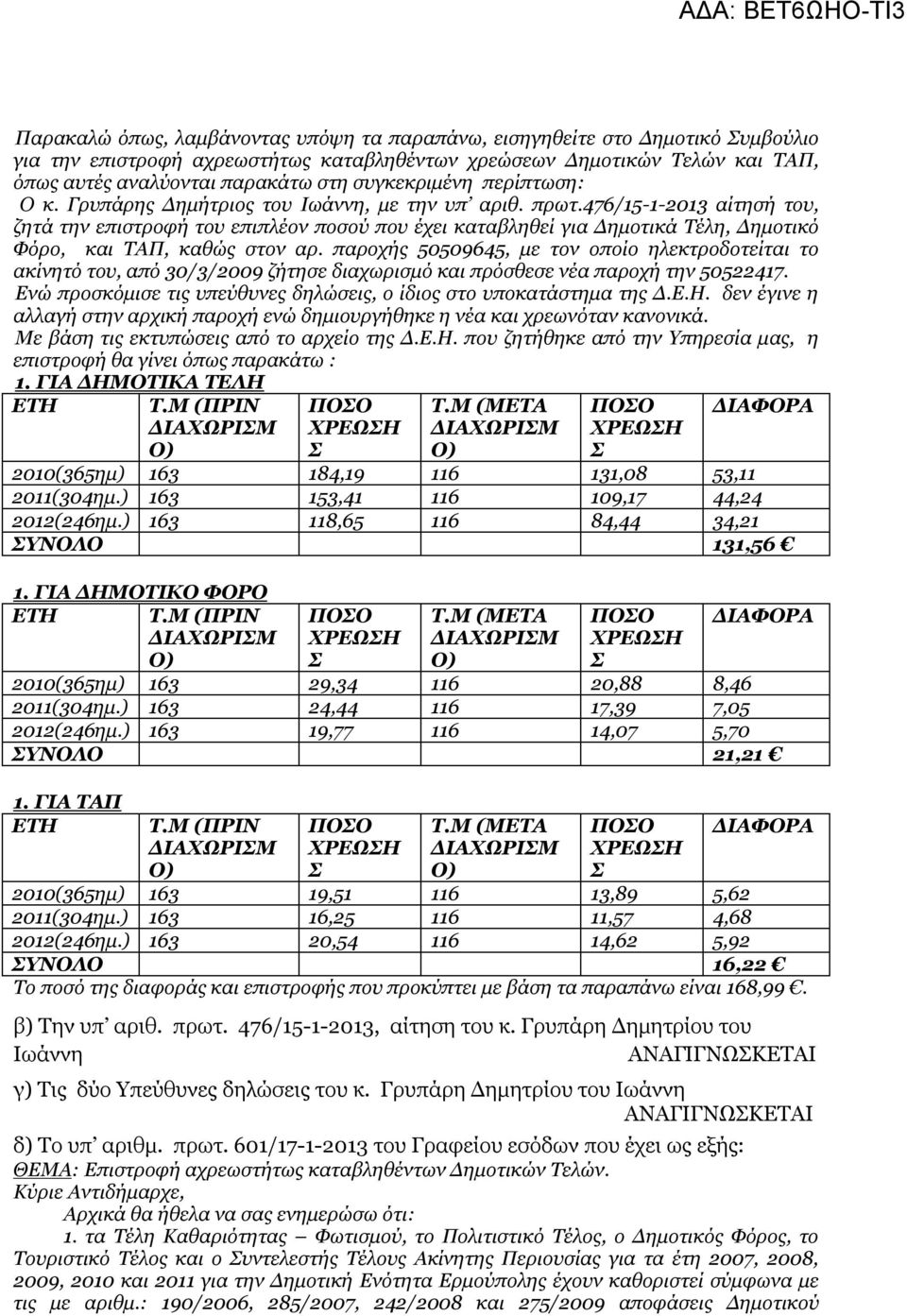 476/15-1-2013 αίτησή του, ζητά την επιστροφή του επιπλέον ποσού που έχει καταβληθεί για Δημοτικά Τέλη, Δημοτικό Φόρο, και ΤΑΠ, καθώς στον αρ.
