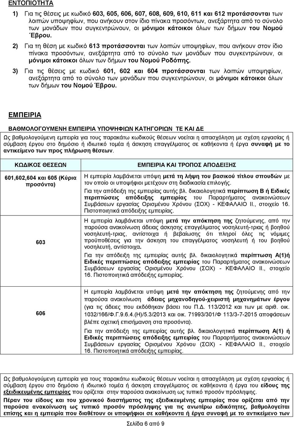 2) Για τη θέση με κωδικό 613 προτάσσονται των λοιπών υποψηφίων, που ανήκουν στον ίδιο πίνακα προσόντων, ανεξάρτητα από το σύνολο των μονάδων που συγκεντρώνουν, οι μόνιμοι κάτοικοι όλων των δήμων του