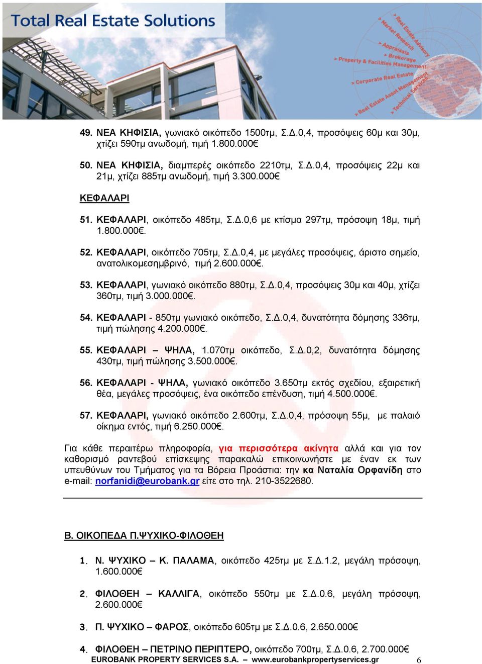 600.000. 53. ΚΕΦΑΛΑΡΙ, γωνιακό οικόπεδο 880τμ, Σ.Δ.0,4, προσόψεις 30μ και 40μ, χτίζει 360τμ, τιμή 3.000.000. 54. ΚΕΦΑΛΑΡΙ - 850τμ γωνιακό οικόπεδο, Σ.Δ.0,4, δυνατότητα δόμησης 336τμ, τιμή πώλησης 4.