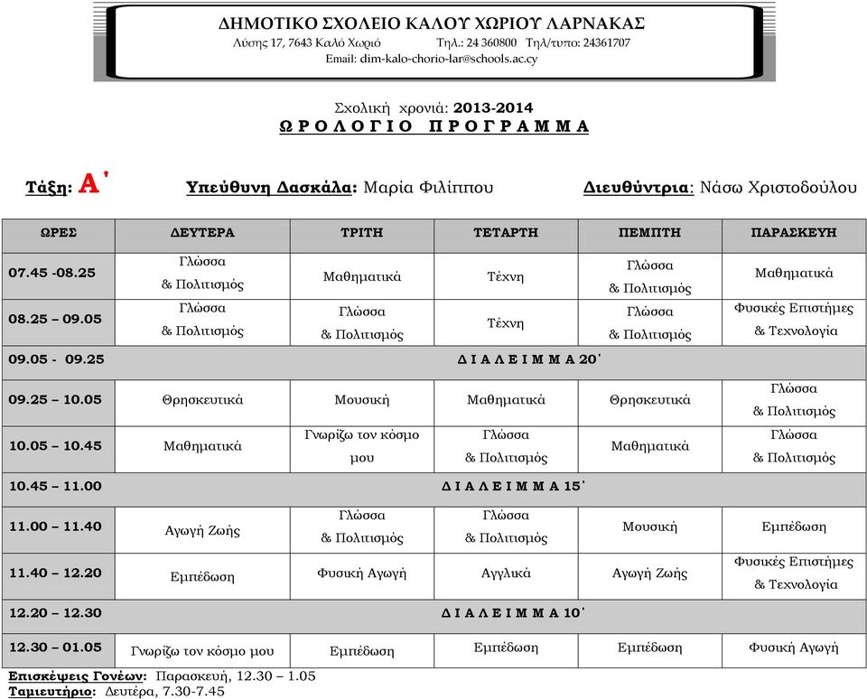 cy Σχολική χρονιά: 2013-2014 Ω Ρ Ο Λ Ο Γ Ι Ο Π Ρ Ο Γ Ρ Α Μ Μ Α Τάξη: Α Υπεύθυνη Δασκάλα: Μαρία Φιλίππου Διευθύντρια: Νάσω