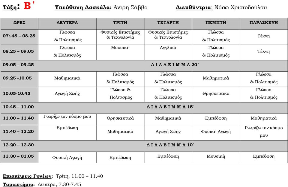 45 Αγωγή Ζωής & Πολιτισμός Θρησκευτικά 11.00 11.40 Θρησκευτικά 11.40 12.