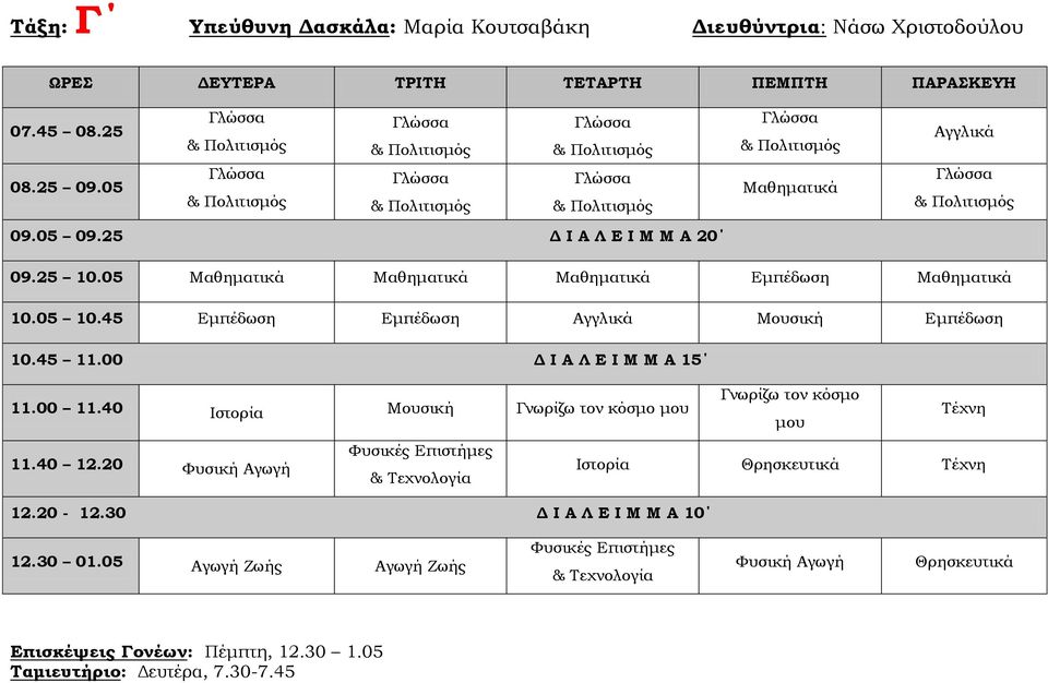 40 Ιστορία Μουσική 11.40 12.20 Φυσική Αγωγή Ιστορία Θρησκευτικά 12.20-12.