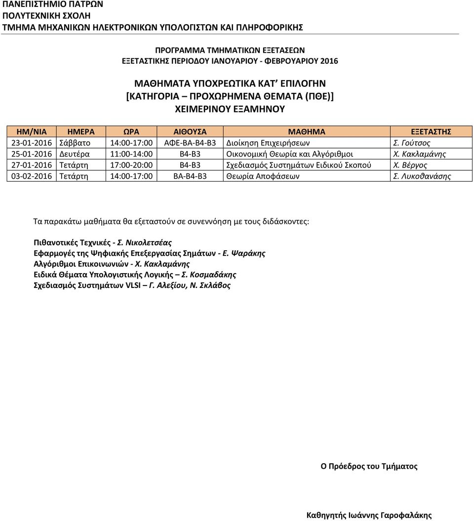 Βέργος 03-02-2016 Τετάρτη 14:00-17:00 ΒΑ-Β4-Β3 Θεωρία Αποφάσεων Σ. Λυκοθανάσης Τα παρακάτω μαθήματα θα εξεταστούν σε συνεννόηση με τους διδάσκοντες: Πιθανοτικές Τεχνικές - Σ.