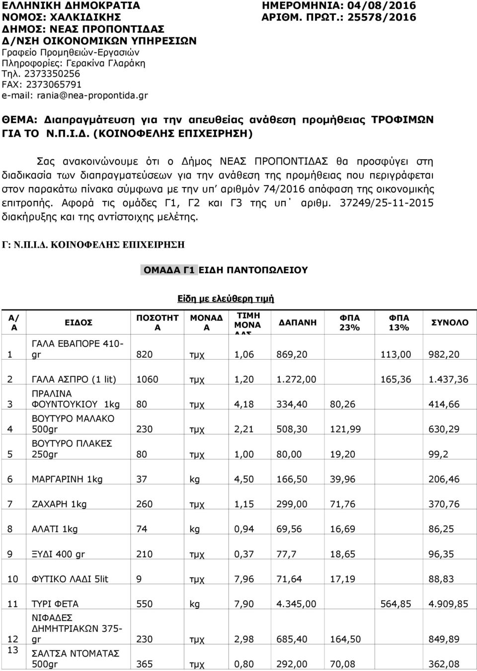 απραγμάτευση για την απευθείας ανάθεση προμήθειας ΤΡΟΦΙΜΩΝ ΓΙ ΤΟ Ν.Π.Ι.Δ.