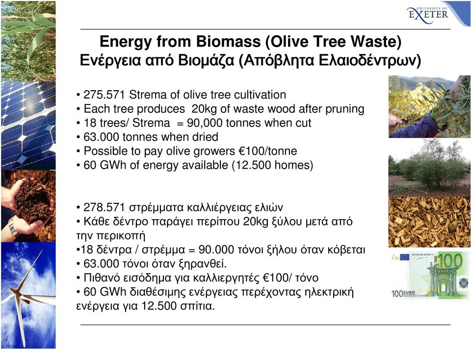 000 tonnes when dried Possible to pay olive growers 100/tonne 60 GWh of energy available (12.500 homes) 278.