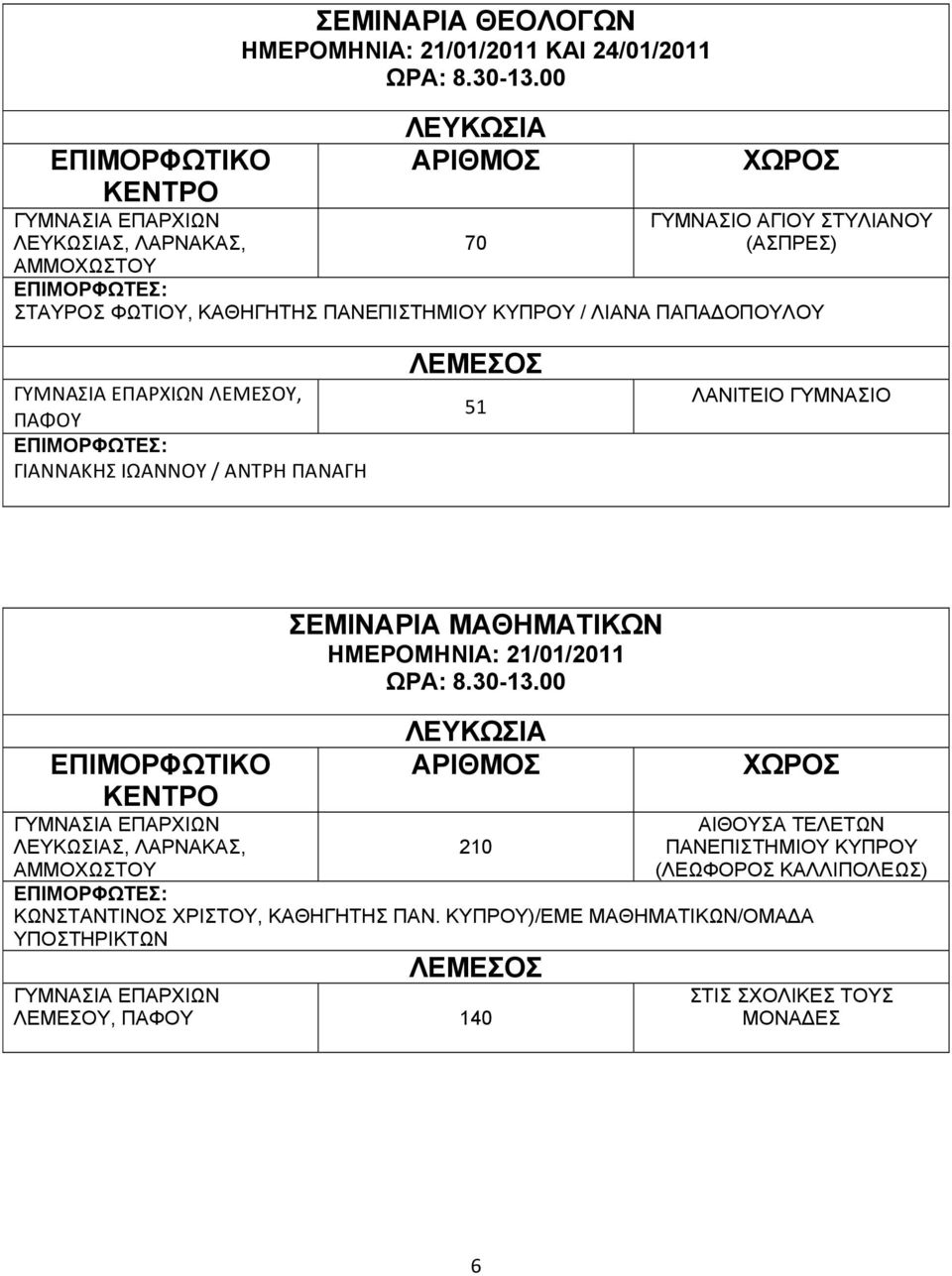 ΣΕΜΙΝΑΡΙΑ ΜΑΘΗΜΑΤΙΚΩΝ ΗΜΕΡΟΜΗΝΙΑ: 21/01/2011 210 ΑΙΘΟΥΣΑ ΤΕΛΕΤΩΝ ΠΑΝΕΠΙΣΤΗΜΙΟΥ ΚΥΠΡΟΥ (ΛΕΩΦΟΡΟΣ ΚΑΛΛΙΠΟΛΕΩΣ)