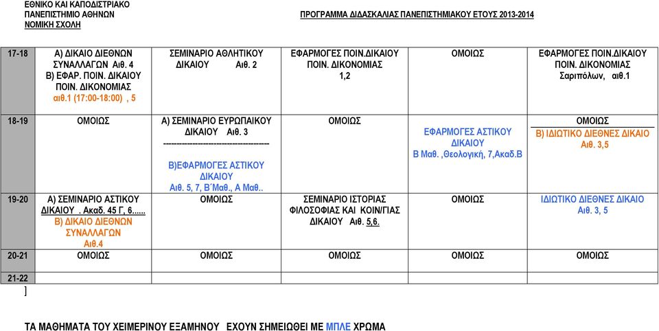 .. Β) ΔΙΚΑΙΟ ΔΙΕΘΝΩΝ ΣΥΝΑΛΛΑΓΩΝ Αιθ.4 Β)ΕΦΑΡΜΟΓΕΣ ΑΣΤΙΚΟΥ Αιθ. 5, 7, Β Μαθ.,. ΣΕΜΙΝΑΡΙΟ ΙΣΤΟΡΙΑΣ ΦΙΛΟΣΟΦΙΑΣ ΚΑΙ ΚΟΙΝ/ΓΙΑΣ Αιθ. 5,6. ΕΦΑΡΜΟΓΕΣ ΑΣΤΙΚΟΥ Β Μαθ.