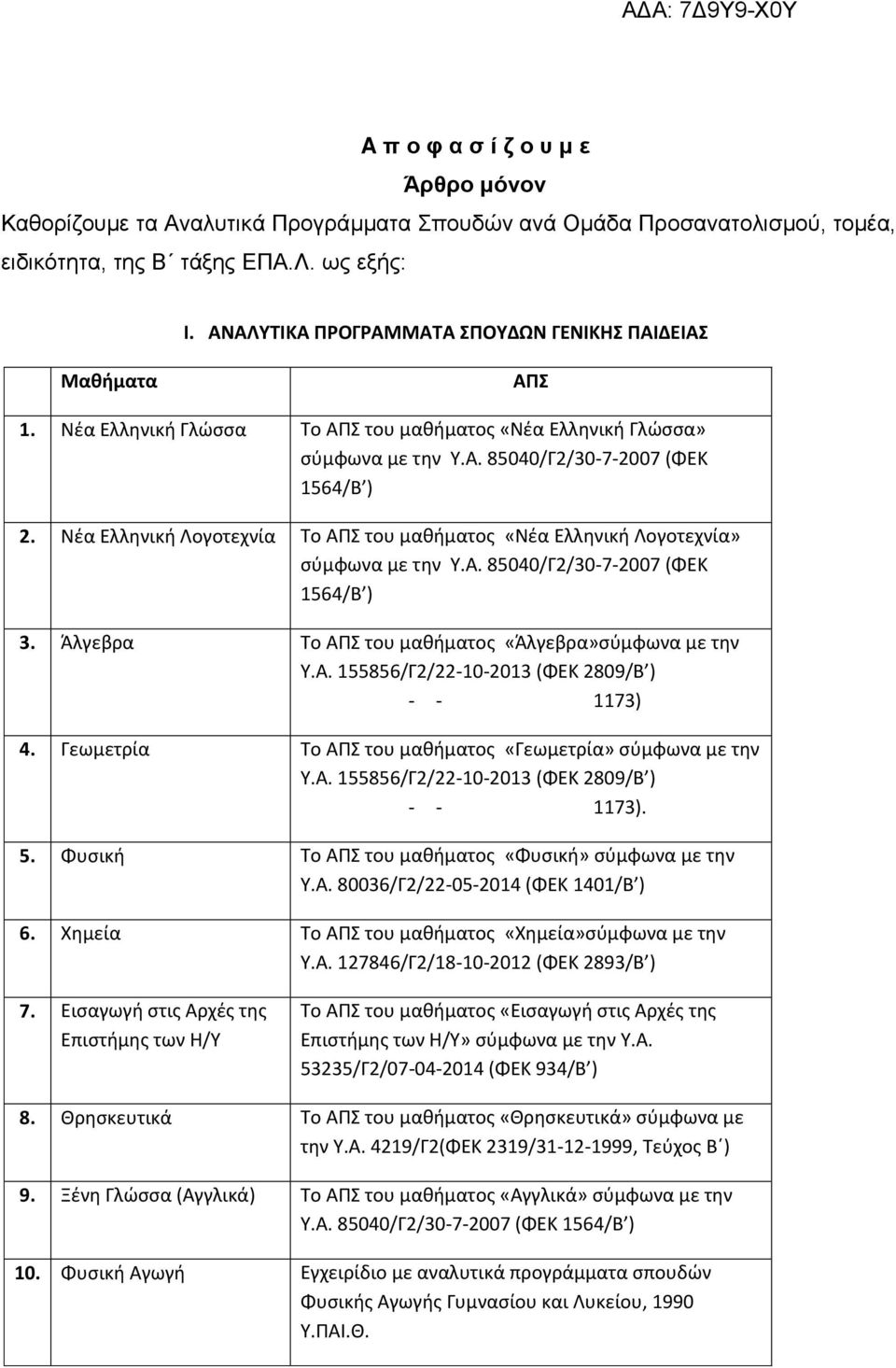 ία ο ο αθή α ος «ία» σύ φ α.α. / / -10- / - - 1173). 5. σι ή ο ο αθή α ος «σι ή» σύ φ α.α. / / -05- / 6. ία ο ο αθή α ος «ία»σύ φ α.α. / / -10- / 7.