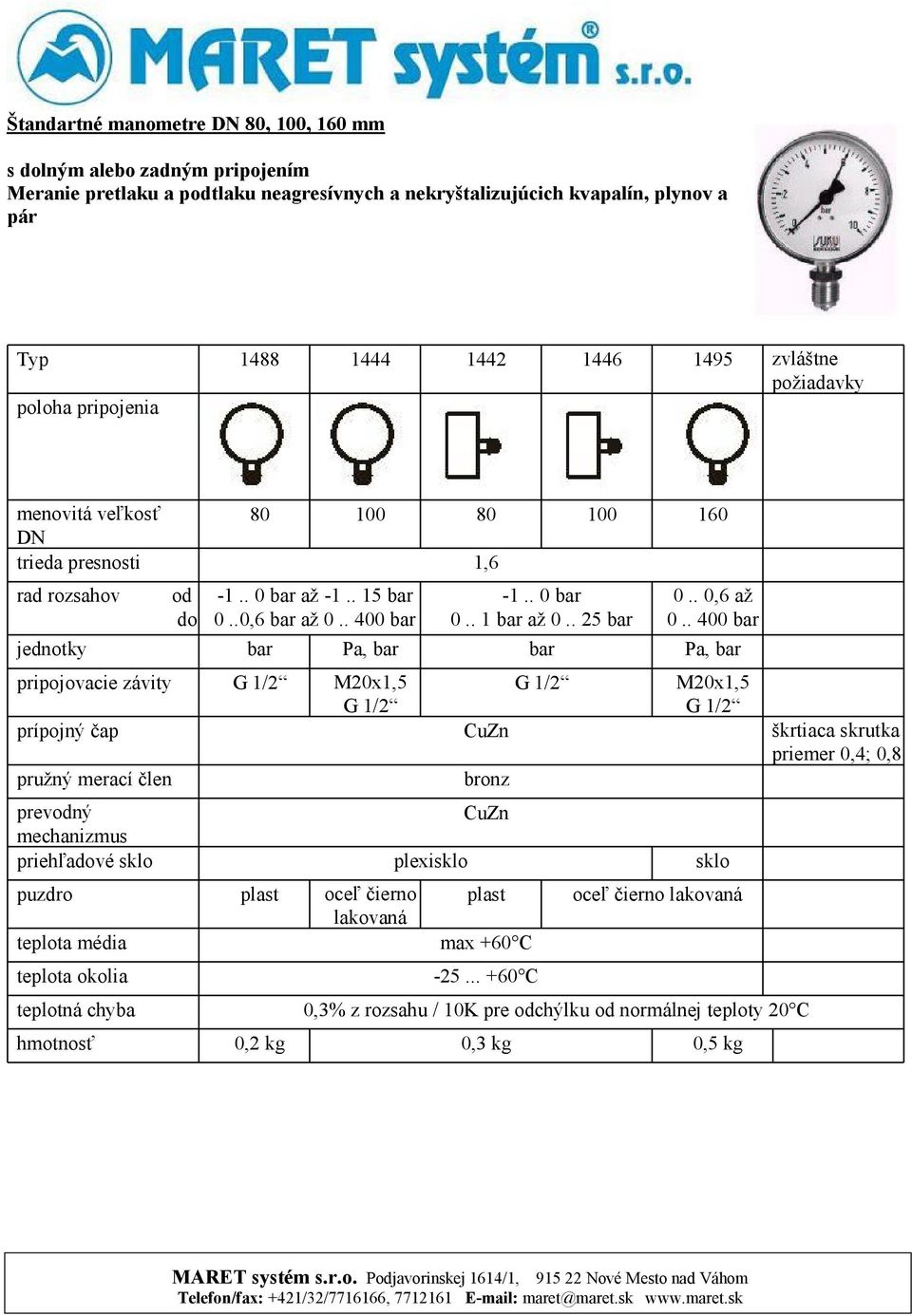 . 400 bar Pa, bar oceľ čierno lakovaná plexisklo 80 1,6 bronz plast max +60 C 0,3 kg bar -1.. 0 bar 0.. 1 bar až 0.. 25 bar 0.. 0,6 až 0.