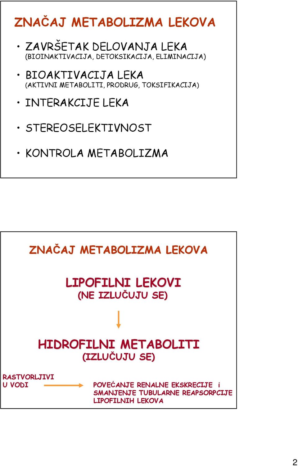 METABLIZMA ZAČAJ AJ METABLIZMA LEKVA LIPFILI LEKVI (E IZLUČUJU UJU E) IDRFILI METABLITI