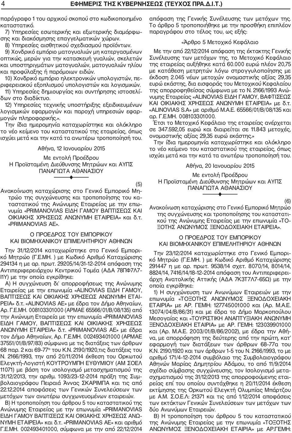 9) Χονδρικό εμπόριο ματογυαλιών μη κατεργασμένων οπτικώς, μερών για την κατασκευή γυαλιών, σκελετών και υποστηριγμάτων ματογυαλιών, ματογυαλιών ηλίου και προφύλαξης ή παρόμοιων ειδών.